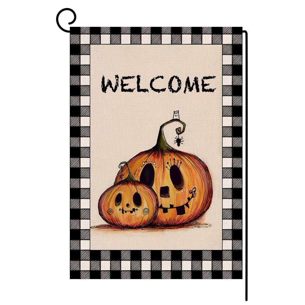 Halloween Pumpkin Garden Flag Vertical Double Sided Buffalo Check