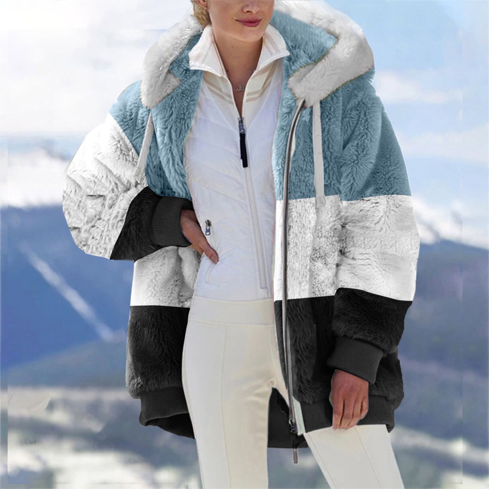 Meichang Womens Fashion Fuzzy Fleece Jackets Casual Soft Cozy Hooded Coats Winter Thicken Overcoats Color Block Zip Up Cardigan Coats