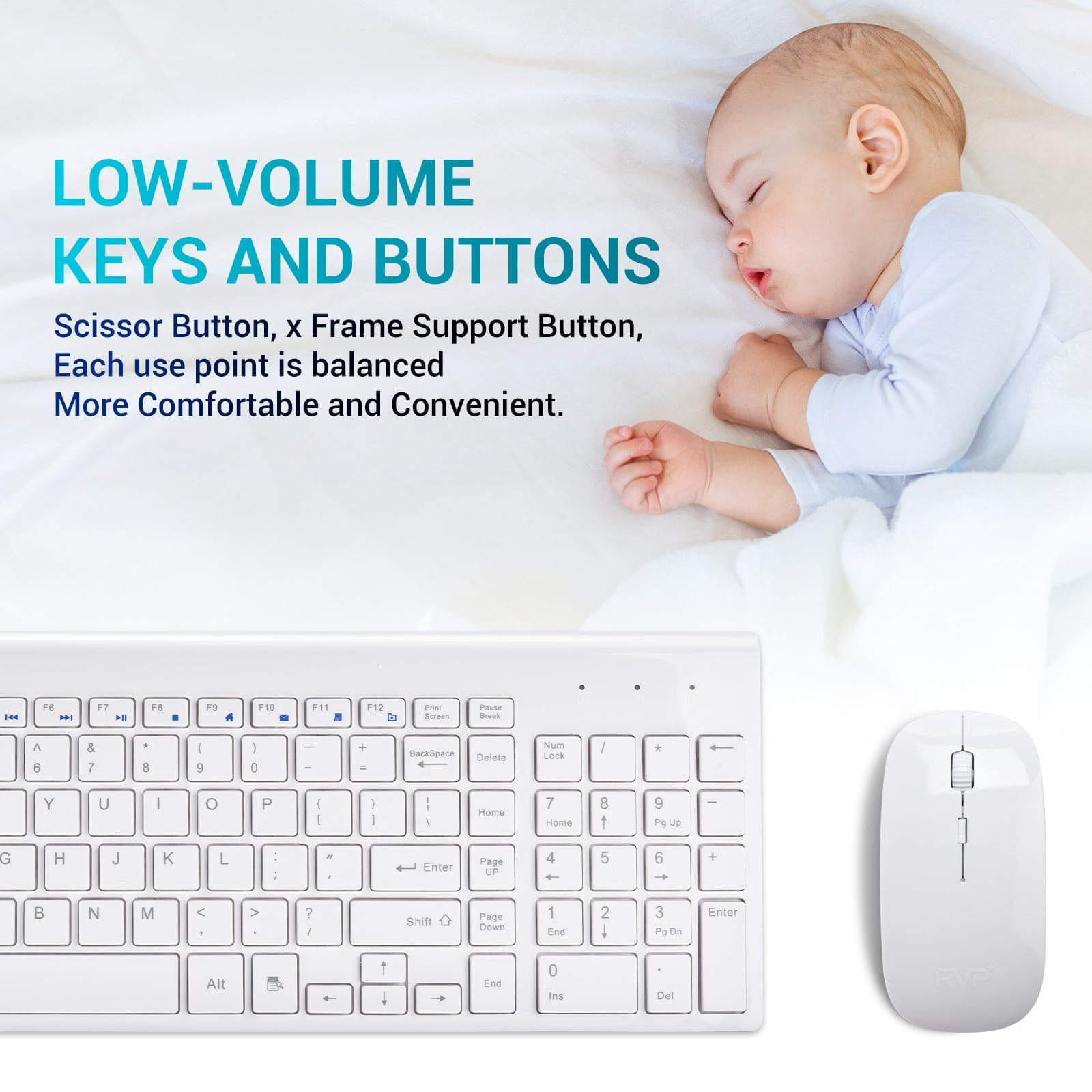 RVP+ Wireless Keyboard and Mouse Ultra Slim Combo, 2.4GHz Cordless USB Mouse and Keyboard PC Laptop Computer - White (RVP-KM100-W)