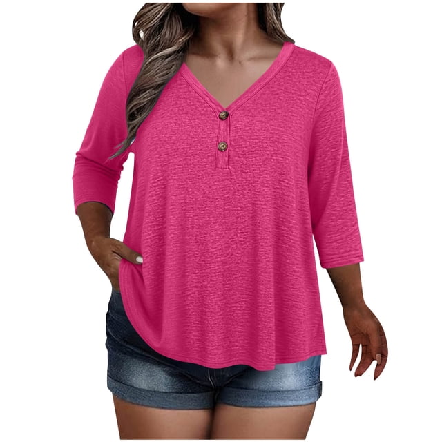 KyCheLot Women's V Neck Tops Fall Button Plus Size 3/4 Length Sleeve Solid Color Clothes Comfy Loose Hiking Tops