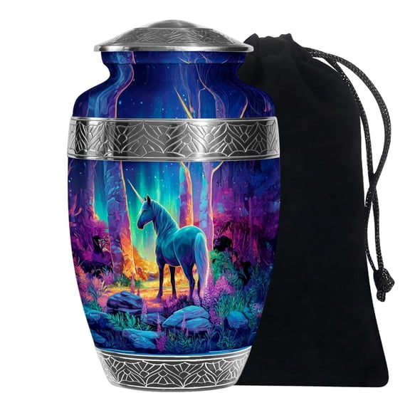 Unicorn Cremation Urn for Human Ashes – Adult Funeral Urn with Fantasy Forest Design, Handcrafted Aluminum Memorial Urn with Velvet Storage Bag