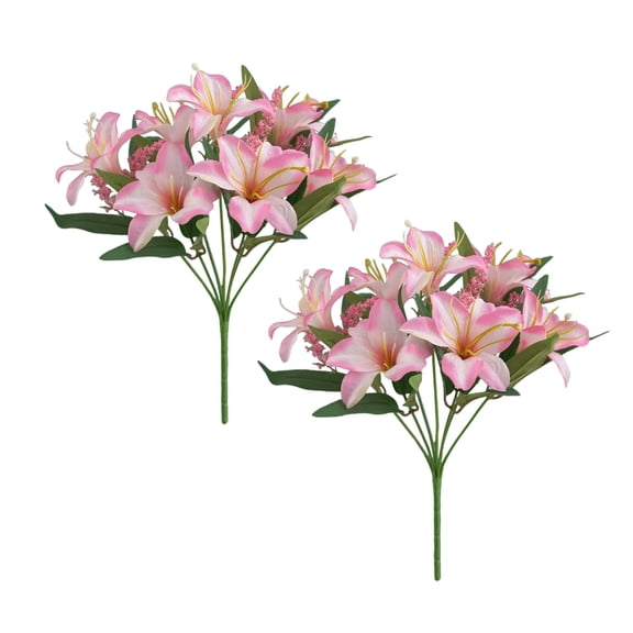 Artificial Lily Flower Bouquet Pink 7 Headed 12.5 Inch, Silk Flowers For Home Lifesize Floral Arrangements For Living Room Wedding,Pink-2 Pack