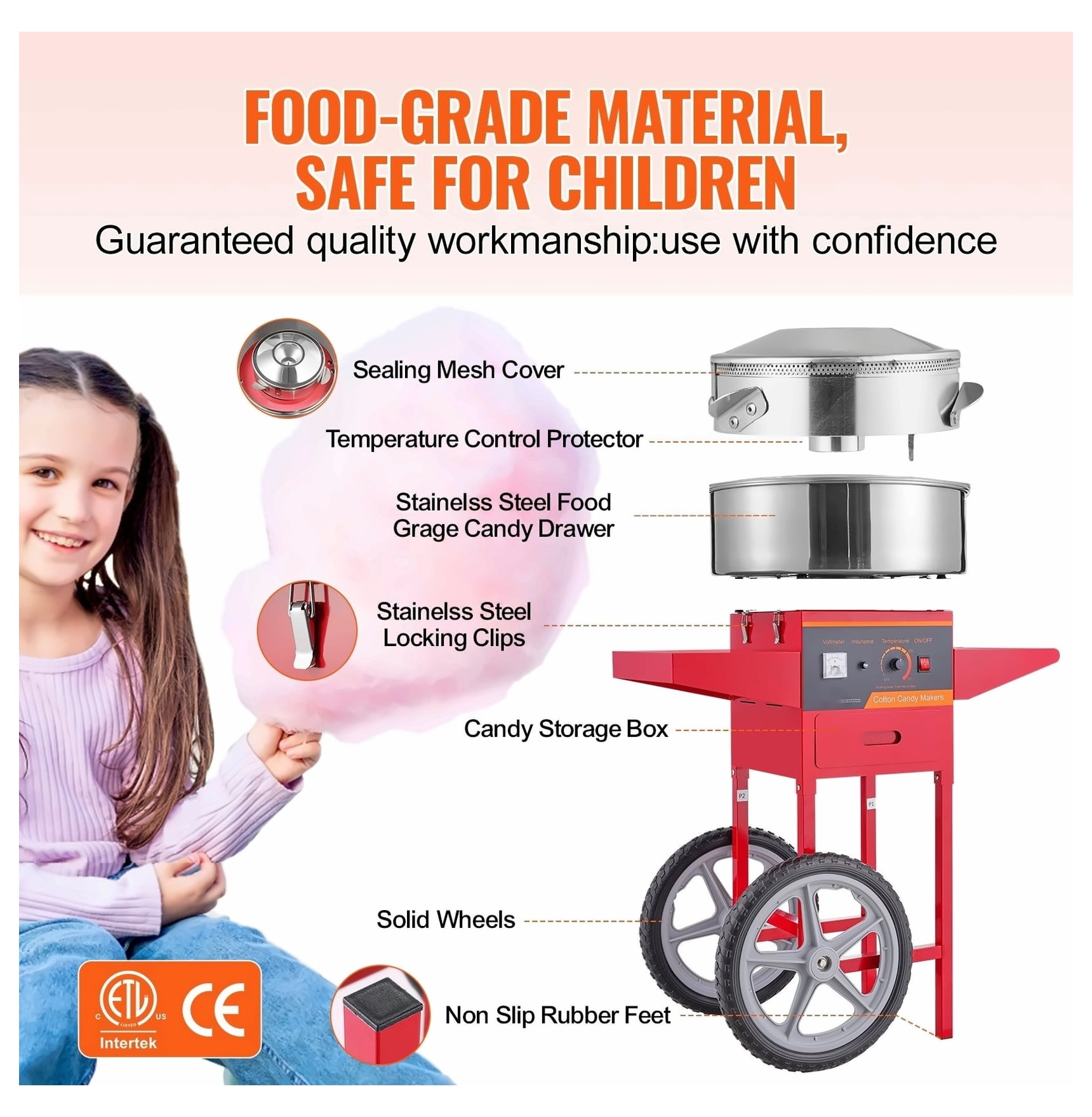 Cotton Candy Machine Commercial, 1000W Electric Candy Floss Maker Cart with Stainless Steel Bowl, Sugar Scoop, Red - for Parties & Events
