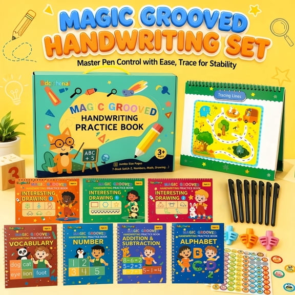 Reusable Grooved Handwriting Practice Workbook Set for Kids,Trace & Learn Writing Kit,7 Books Grooved Writing Practice Books with Erasable Pens, Reward Stickers and Carry Bag