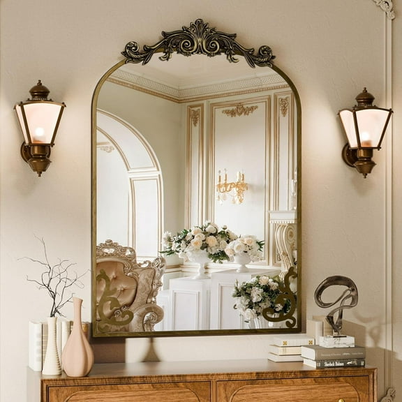 Anyrose 36"x 24" Vintage Mirror Decorative Mirror Arched Baroque Mirror Hanging,Antique Gold