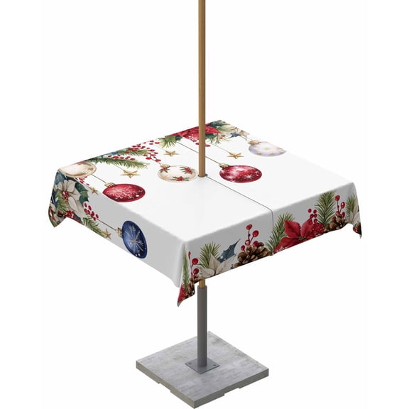 Fsddascl Blue Red Christmas Balls Outdoor Tablecloth - 54x54 Inch Square Dining Table Cover, Xmas Botanical Poinsettia Waterproof Outdoor Table Cloth with Umbrella Hole & Zipper for Picnic/Patio