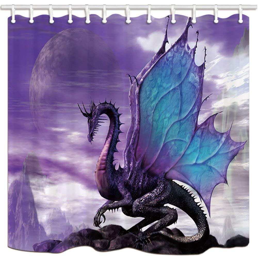 Fantasy Earth and Dragon Shower Curtain Liner Bathroom Polyester Fabric Hooks 