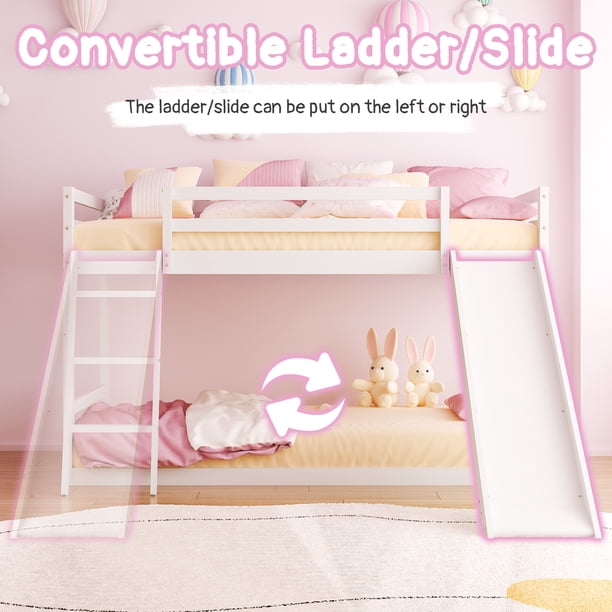 Ktaxon Bunk Bed Twin Over Twin,Kids Low Floor Bed Frame with Slide