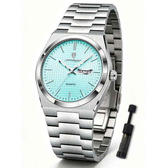 POEDAGAR Business Men's Stainless Steel Waterproof Luminous Quartz Watches with Dual Calendar Display