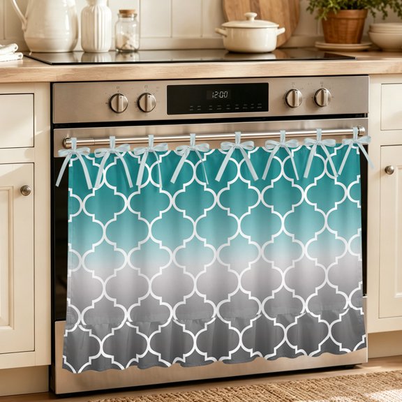 Oven Skirt Curtain for Kitchen 21.5x30 Inch, Teal Grey Ombre Morocco Pattern Oven Curtain with 8 Ribbon Ties & Ruffle Trim, Stove Skirt Curtain Dishwasher for Cabinets Sinks Modern Moroccan Geometric