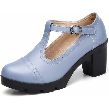 

Women s Leather Classic T-Strap Platform Chunky Mid-Heel Square Toe Oxfords Dress Pump Shoes