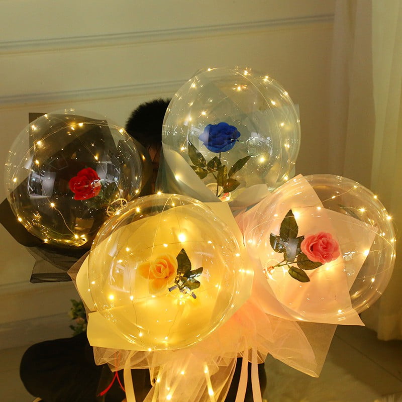 LED Luminous Balloon Rose Bouquet Transparent Bobo Ball Rose Valentines Day Gift 