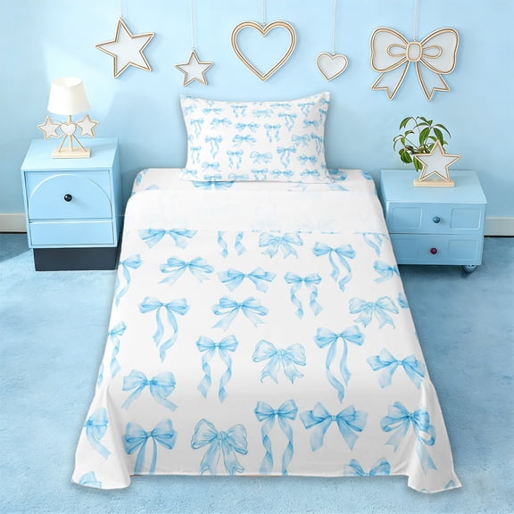 Erosebridal Ribbon Bowknot Girls Twin Sheet Sets,Blue Princess Bowtie Bedding For Kids 3pcs