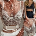 thumbnail image 3 of Womens Long Sleeve Sheer Mesh Crop Top Shiny Pearls for Rhinestone O-Neck Pullover Shirt Blouse Slim Cover Up Party Club, 3 of 19