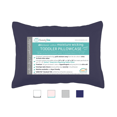(Navy) Moisture Wicking Toddler Pillow Case for Sweaty Sleepers by Sweaty Tots - Fits 13 x 18 and 14 x 19 Pillows, Envelope Style, Features Patented Drirelease(R) Moisture Wicking Technology