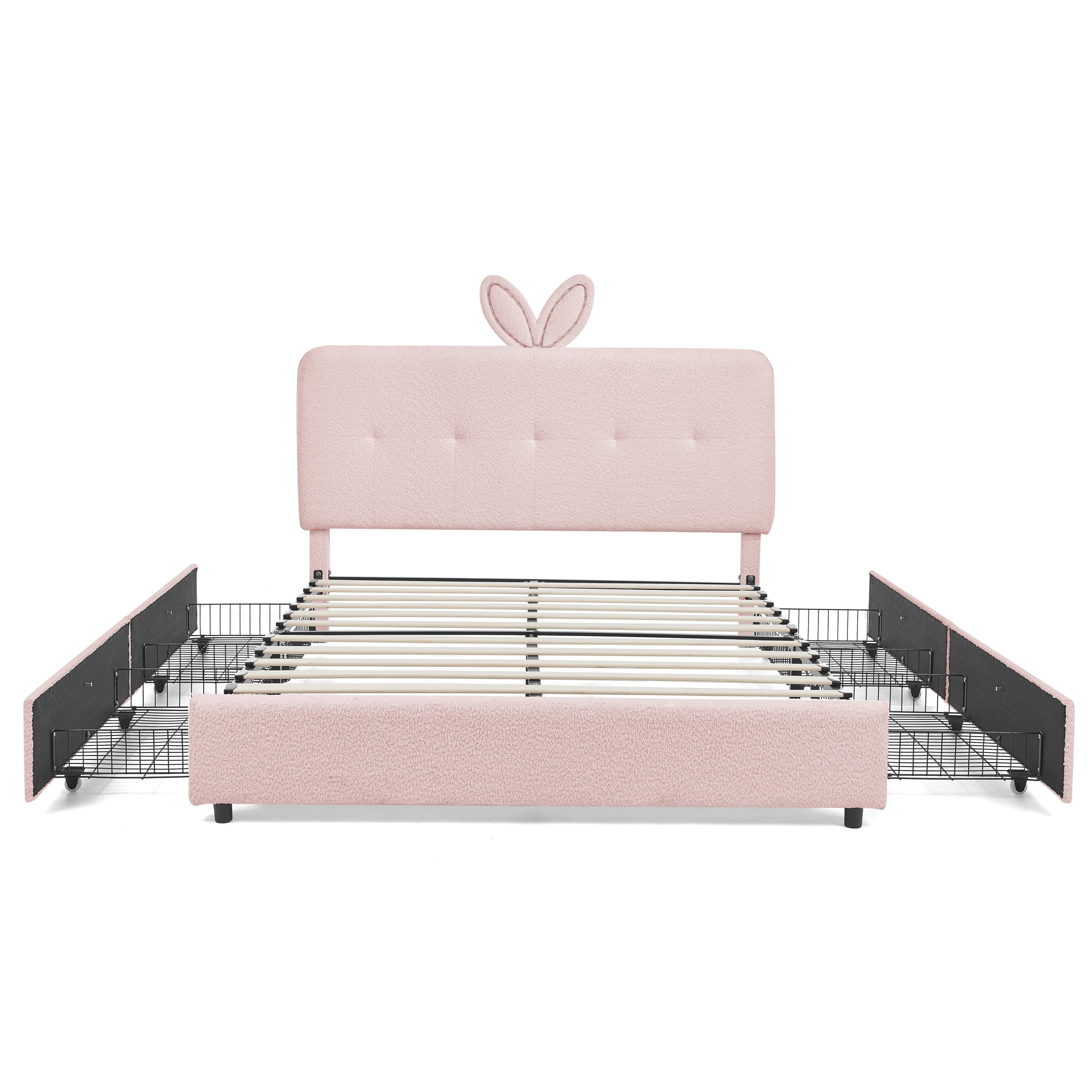 Queen Size Kids Bed with LED Lights and 4 Storage Drawers, Upholstered Boucle Bed Frame with Oversized Rabbit Ear Headboard, Platform Bed for Kids Bedroom, Pink