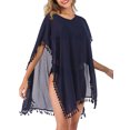 thumbnail image 2 of Women Chiffon Tassel Bohemian Swim Cover Ups Bikini Tunic Beach Dress Summer Casual Shirt Dress Irrgular Hems Boho Style Poncho Swimsuit Beach Stylish Pompom Trim Bathing Suit Swimwear, 2 of 6