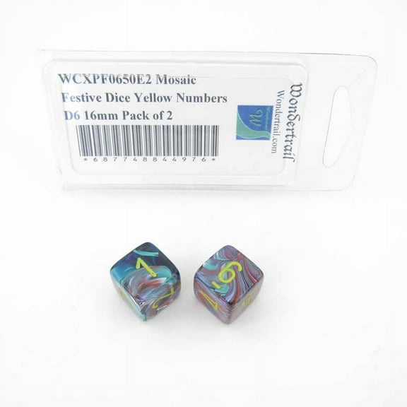 Mosaic Festive Dice with Yellow Numbers D6 Aprox 16mm (5/8in) Pack of 2 Wondertrail