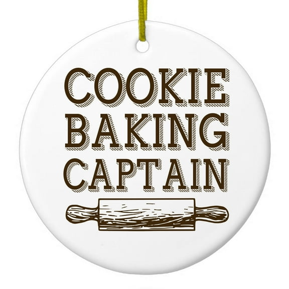 DistinctInk Hanging Ceramic Christmass Tree Ornament with Gold String - Great Gift / Present - 2 3/4 inch diameter - Cookie Baking Captain Rolling Pin