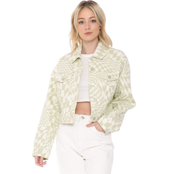 Cali1850 Women's Casual Denim Jacket Checkered Print Button Down Long Sleeve Jean Trucker Coat