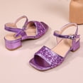 thumbnail image 4 of Girls Sandals Solid Color Squared Open Toe Glitter Sequin Band Low Heeled Flower Girl Party Wedding Dress Shoes Purple 1.5 Big Kid, 4 of 5