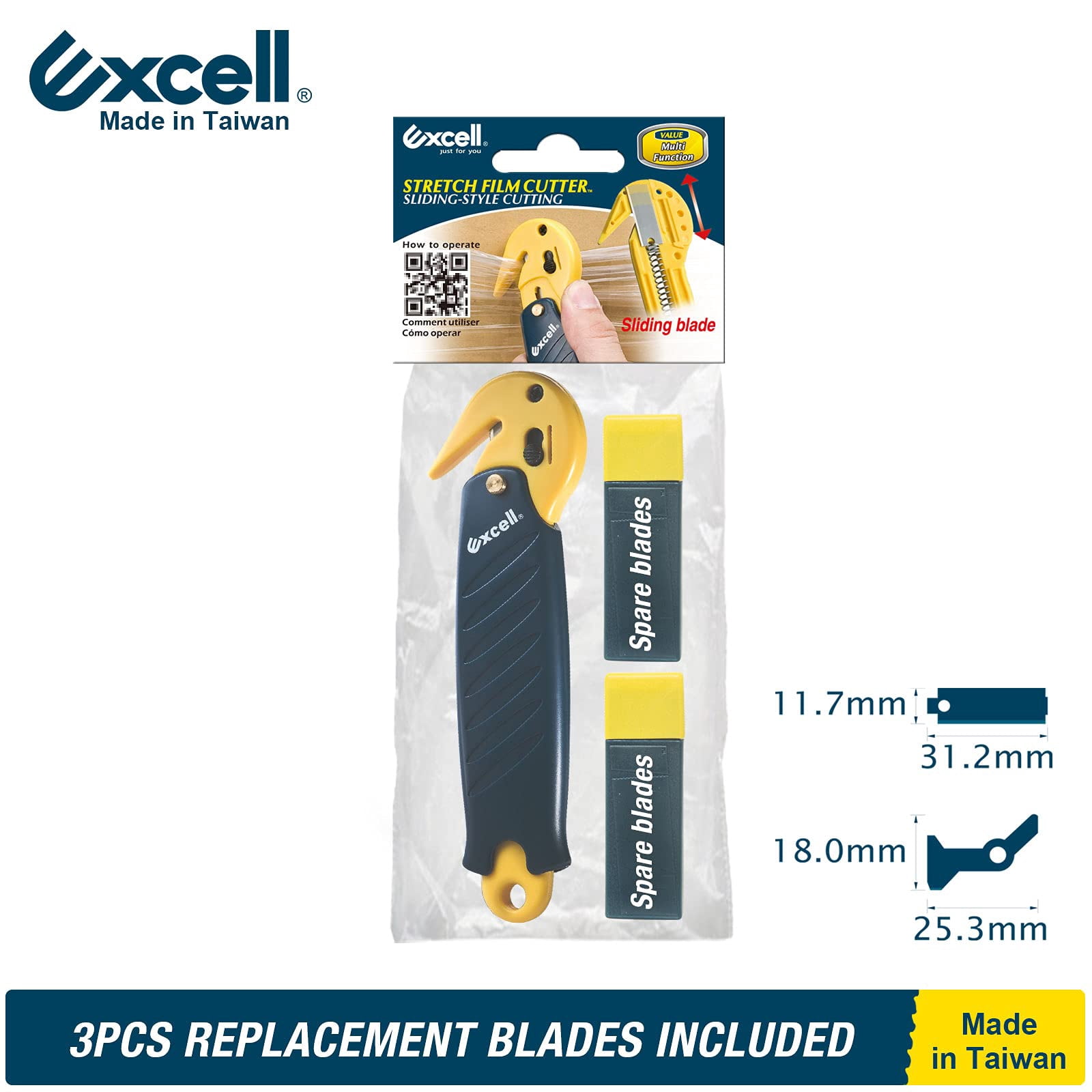 Excell Stretch Film Cutter with Carton Opener, Ergonomic Film Cutting Blade Safe and Efficient Cutting for Cryovac, Plastic Bags, Shrink Wrap, Box, Straps (W/Carton Opener)