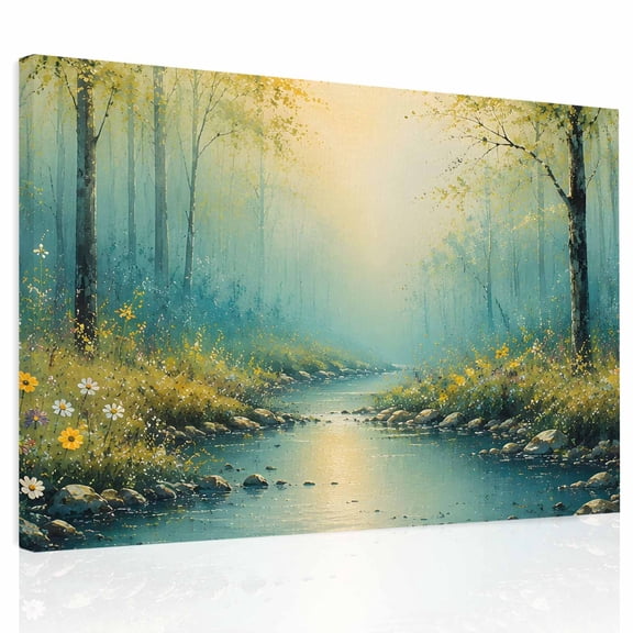 Fantastical Forest Canvas Print Wall Art Mysterious Country Green Trees Red Blue Flowers Wall Decor Modern Artwork Paintings Pictures for Living Room Stretched Ready to Hang - 16" x 20"
