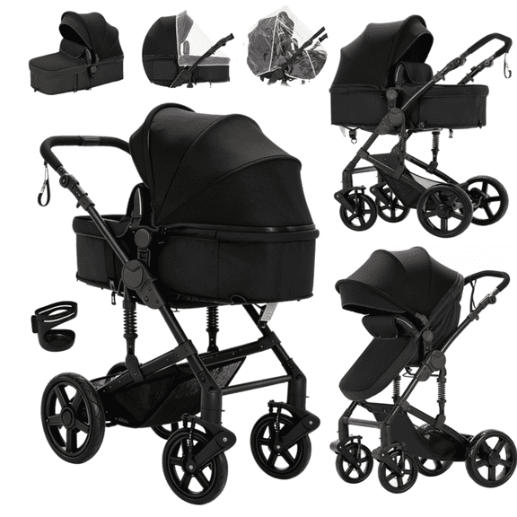 EaseBaby 2-in-1 Baby Stroller,Travel Pushchair, High-View Infant Carriage with with Cup Holder, Mosquito Net for 0-36 Months,Unisex,BLACK