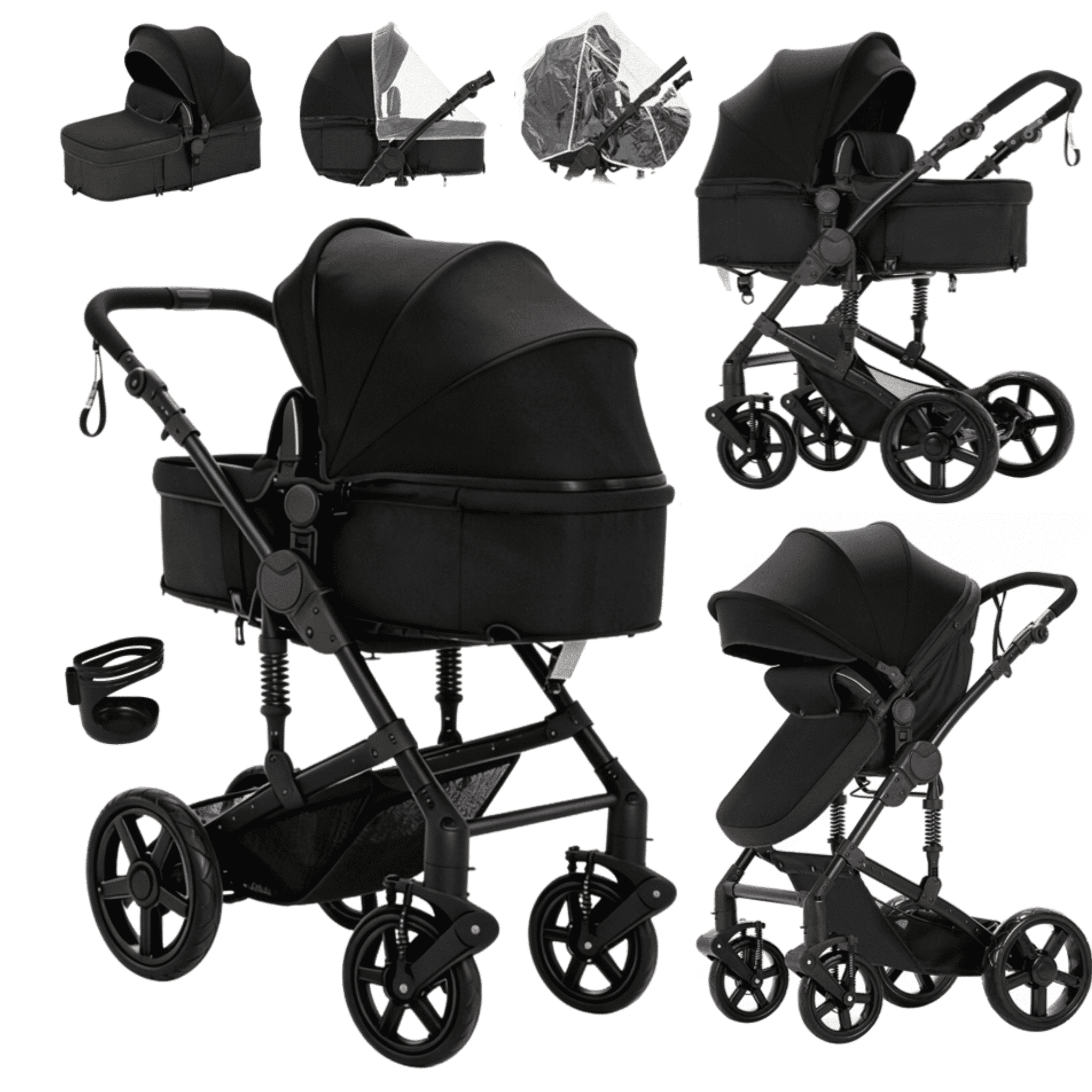 EaseBaby 2-in-1 Baby Stroller,Travel Pushchair, High-View Infant Carriage with with Cup Holder, Mosquito Net for 0-36 Months,Unisex,BLACK