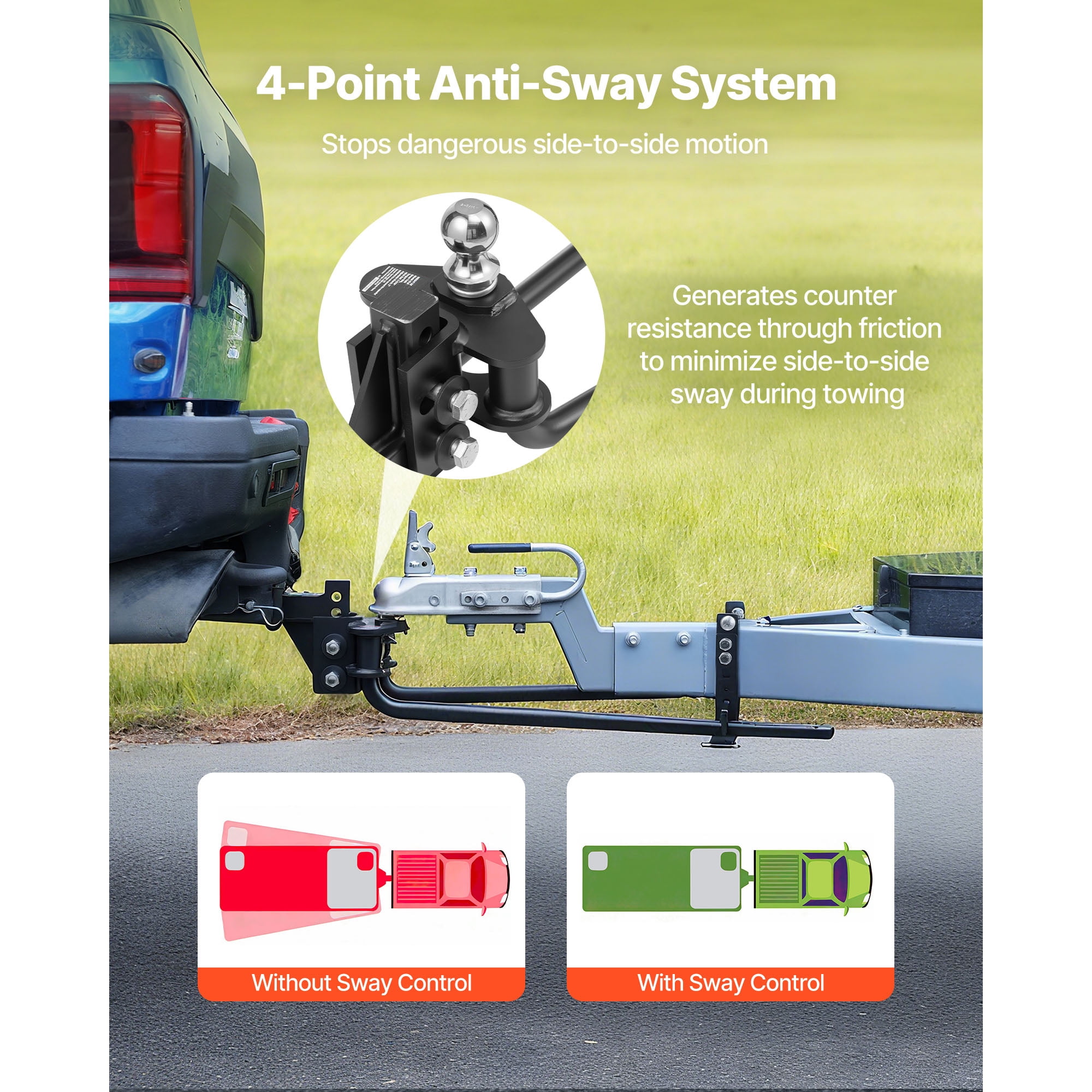 KFFKFF Weight Distribution Hitch, 6000 lbs Towing Capacity & 600 lbs Tongue Weight, Load Leveling Hitch Kit with Sway Control, Includes 2-inch Shank & 2-5/16-inch Ball for Trailer Stability