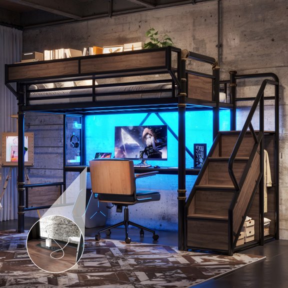 HICOMILA Twin Industrial Metal Loft Bed With Built-in Desk, Power Outlet, LED Strip, Pegboard, Storage Stairs & Wardrobe, Black