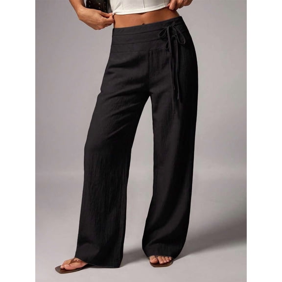 Women's Low Waist Wide Leg Pants, Double Waistband Tie Flowy Trousers for Vacation, Beach, Everyday & Casual Wear