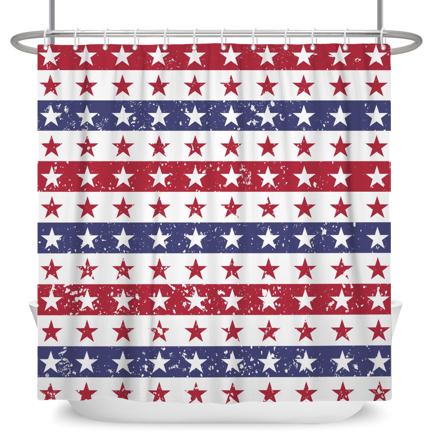 SUNOLIFE 4th of July Shower Curtain,Stripe Patriotic Independence Day Fabric Bathroom Curtain with Hooks,72x78 in