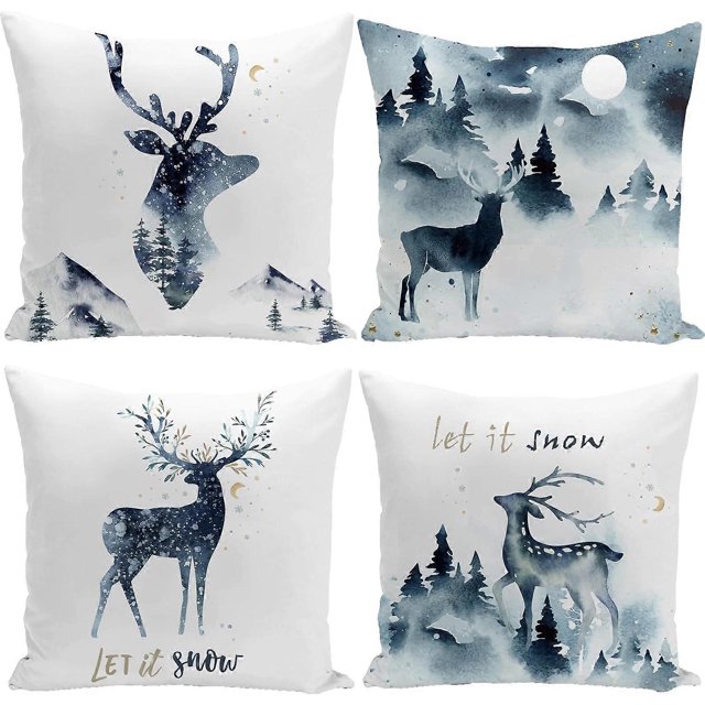 Christmas Cushion Covers Xmas Christmas Decorations Stag Navy Blue White Throw Pillow Cover 18x18 Inch Set of 4 Christmas Decor 45x45cm