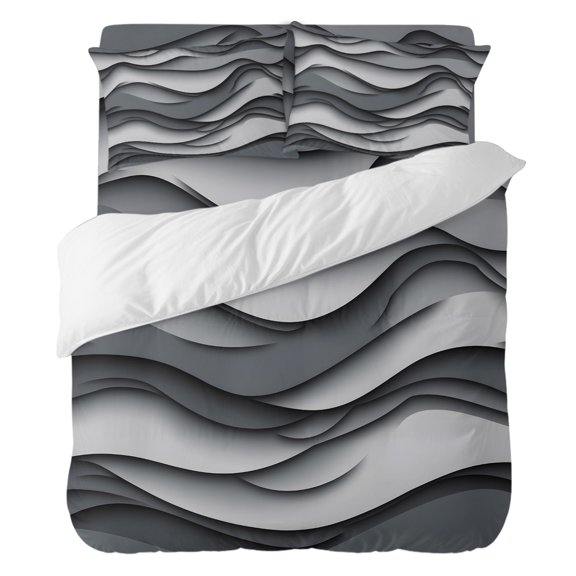 Duvet Cover Set Queen Size 4 Pieces, Grey Gradient Ombre Abstract Geometric Comforter Cover Soft Bedding Sets, Water Ripple Art Bed Set Include 1 Duvet Cover, 2 Pillow Shams, 1 Bed Sheet