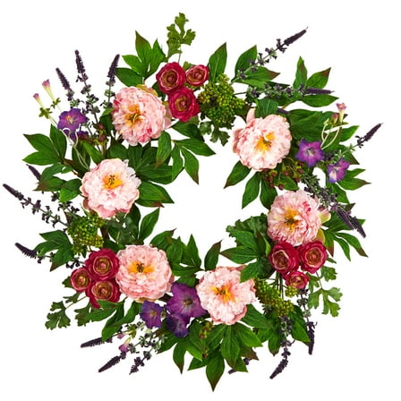 Nearly Natural 22" Assorted Peony Artificial Wreath, Pink
