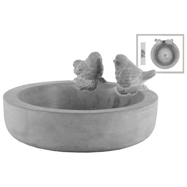 Bol Rond en Ciment avec Figurine d'Oiseau et Motif Floral Gravé à l'Intérieur, Gris