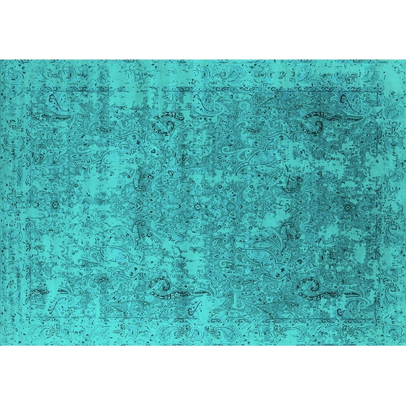 Ahgly Company Machine Washable Indoor Rectangle Oriental Turquoise Blue Industrial Area Rugs, 6' x 9'