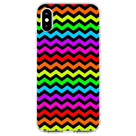 DistinctInk Clear Shockproof Hybrid Case for iPhone XS Max (6.5" Screen) - TPU Bumper, Acrylic Back, Tempered Glass Screen Protector - Rainbow Black Chevron Stripes Wave - Chevron Stripes Pattern