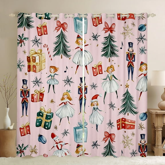Manfei Cute Nutcracker Black Out Curtains for Kids, Christmas Tree Snowflake Curtains Pack of 2 (42x63 Each), Pink Merry Xmas Bedroom Curtains, Luxurious Room Decor
