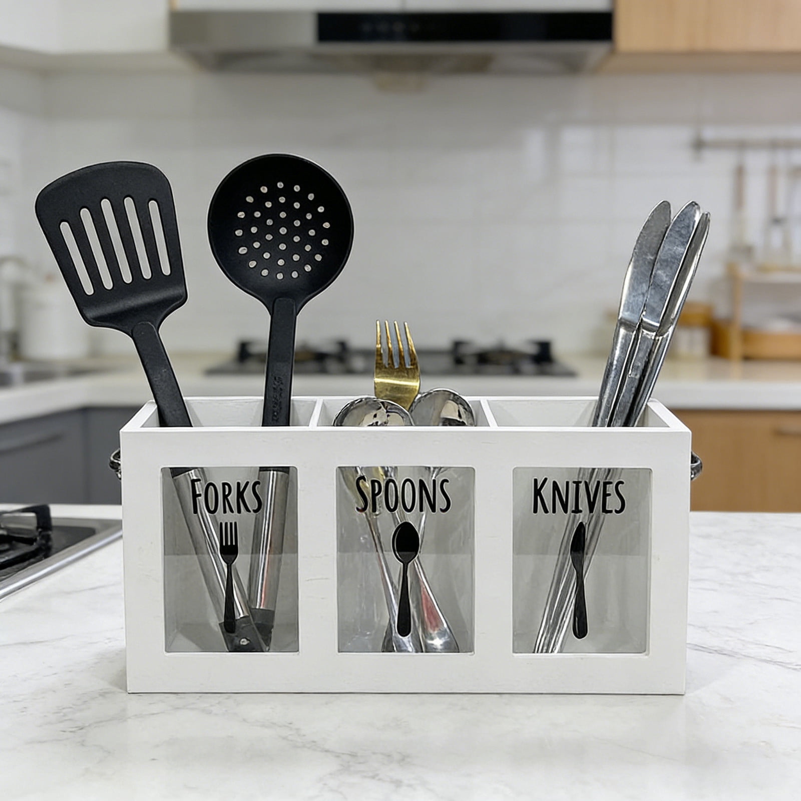Wood Flatware Organizer, Rustic Utensil & Silverware Holder for Forks, Spoons, Knives, Farmhouse Kitchen Cutlery Caddy Bin Countertop