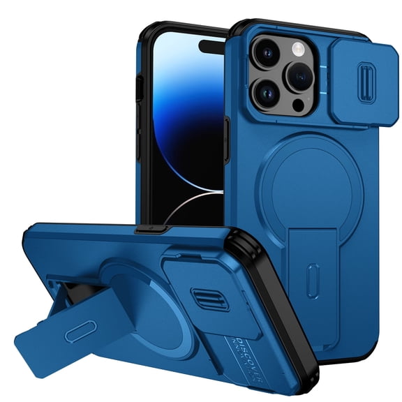 Asuwish Magnetic, Kickstand, Slide Camera Cover TPU, Plastic, Metal Hard Shell Fashion Cell Phone Case for iPhone 14 Pro, Blue