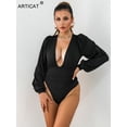 thumbnail image 2 of Articat, mono negro con escote en V profundo, mono sexi de mujer con mangas abullonadas, mono ajustado liso elástico informal para fiesta, monos de invierno, Tops para el cuerpo Tan Jianjun unisex, 2 of 2