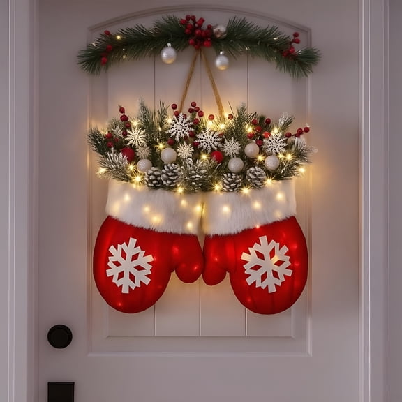 VANIDO Twinkling Christmas Mitten Wreath with 120 LED Lights 10H Auto Timer, Christmas Werath Front Door Artificial Garland, lighted christmas wreath