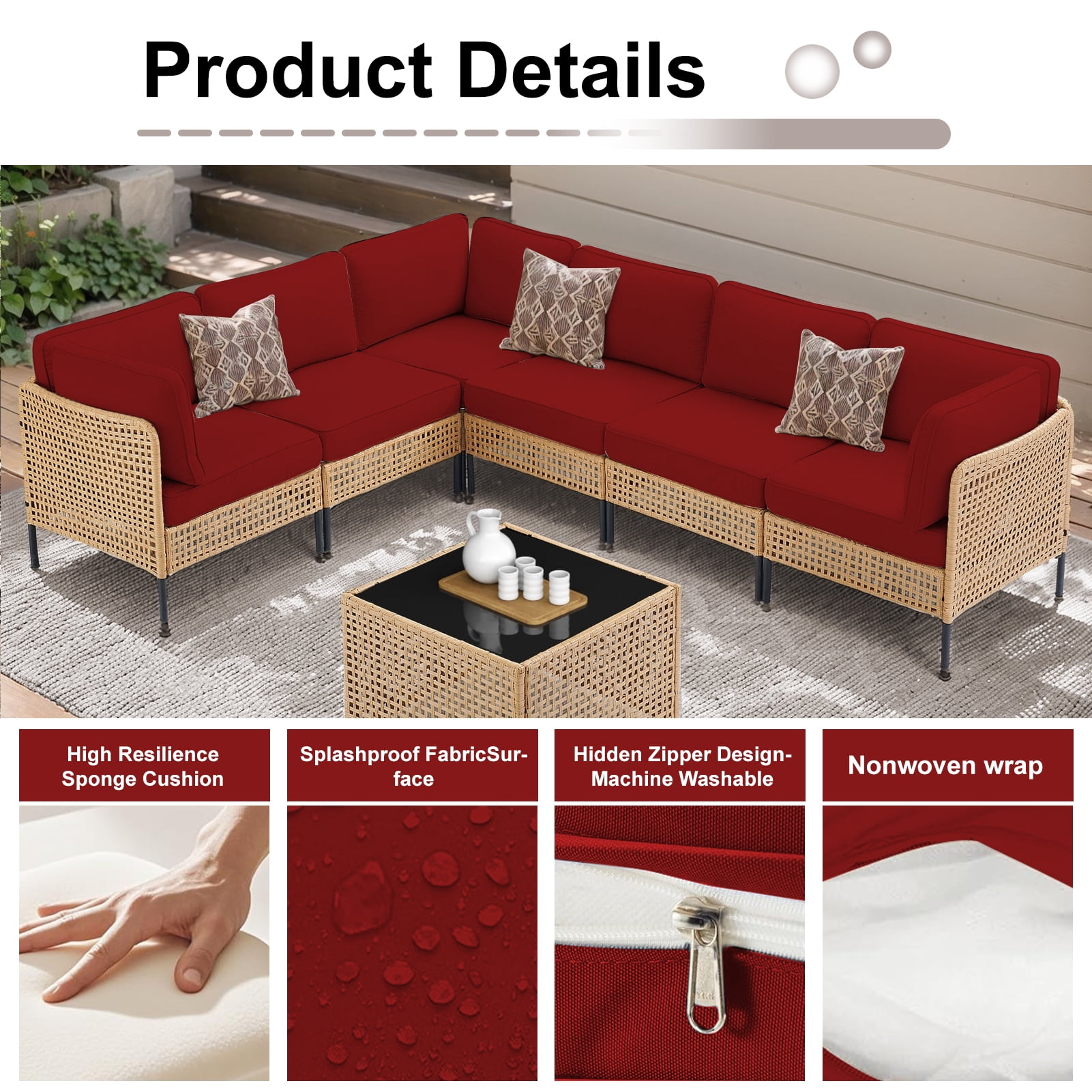 XXLYY Outdoor Replacement Cushions for Patio Furniture, 14 Piece Patio Sectional Cushions, 4" Water-Resistant Replacement Sofa Cushions Fits 6-seat Rattan Conversation Set