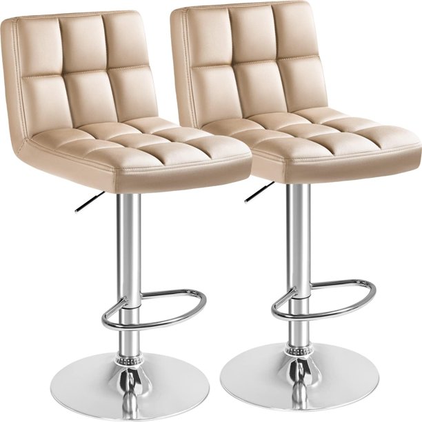 JJUN Bar Stools Modern Pu Leather Swivel Adjustable Hydraulic Bar Stool Square Counter Height Stool Set of 2 (Khaki)