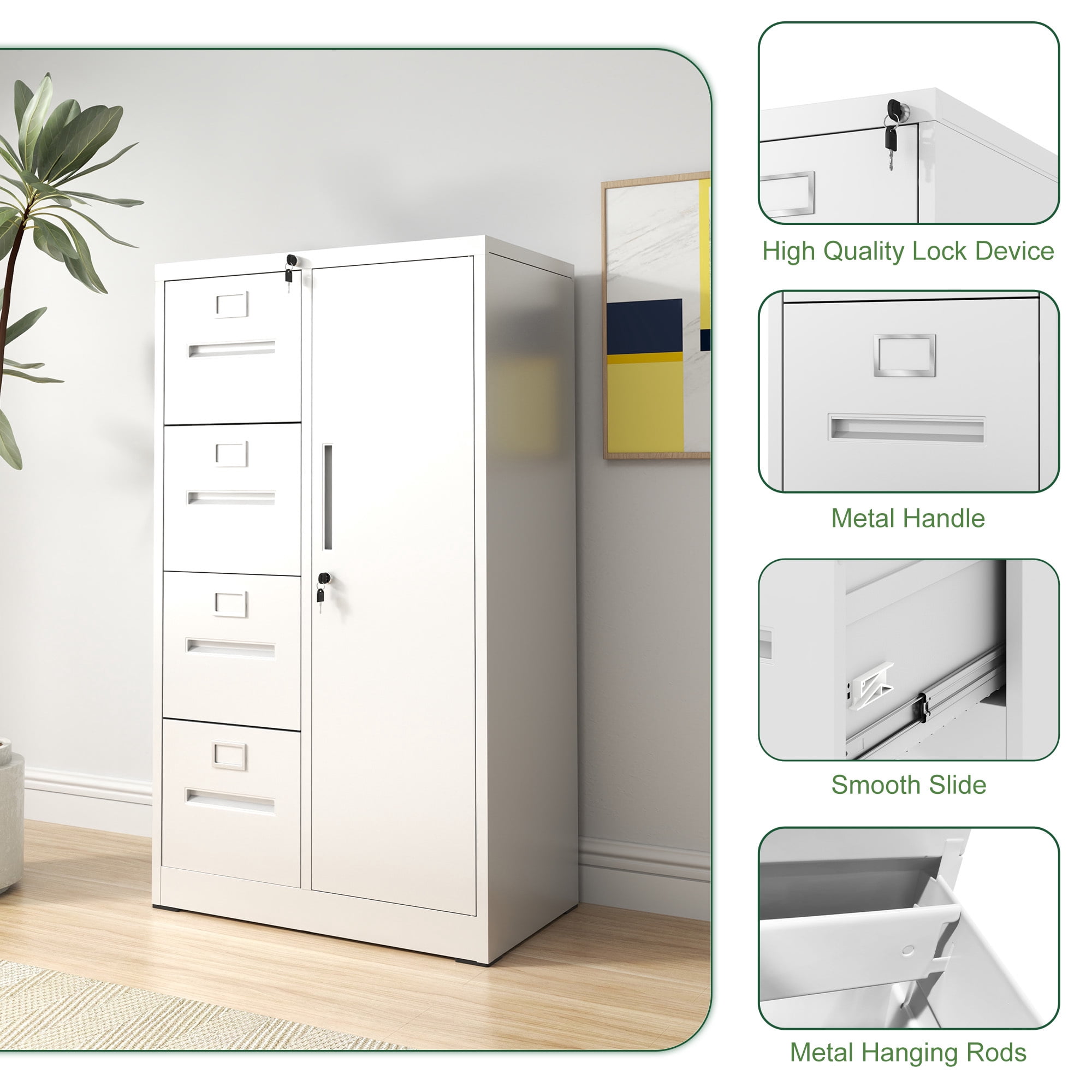 Leumius 52.4" Tall Metal Storage Cabinet with Lock,Freestanding Filing Cabinet Armoire Wardrobe Closet with 4 Drawers & Hanging Rod for Office,Living Room,School,White