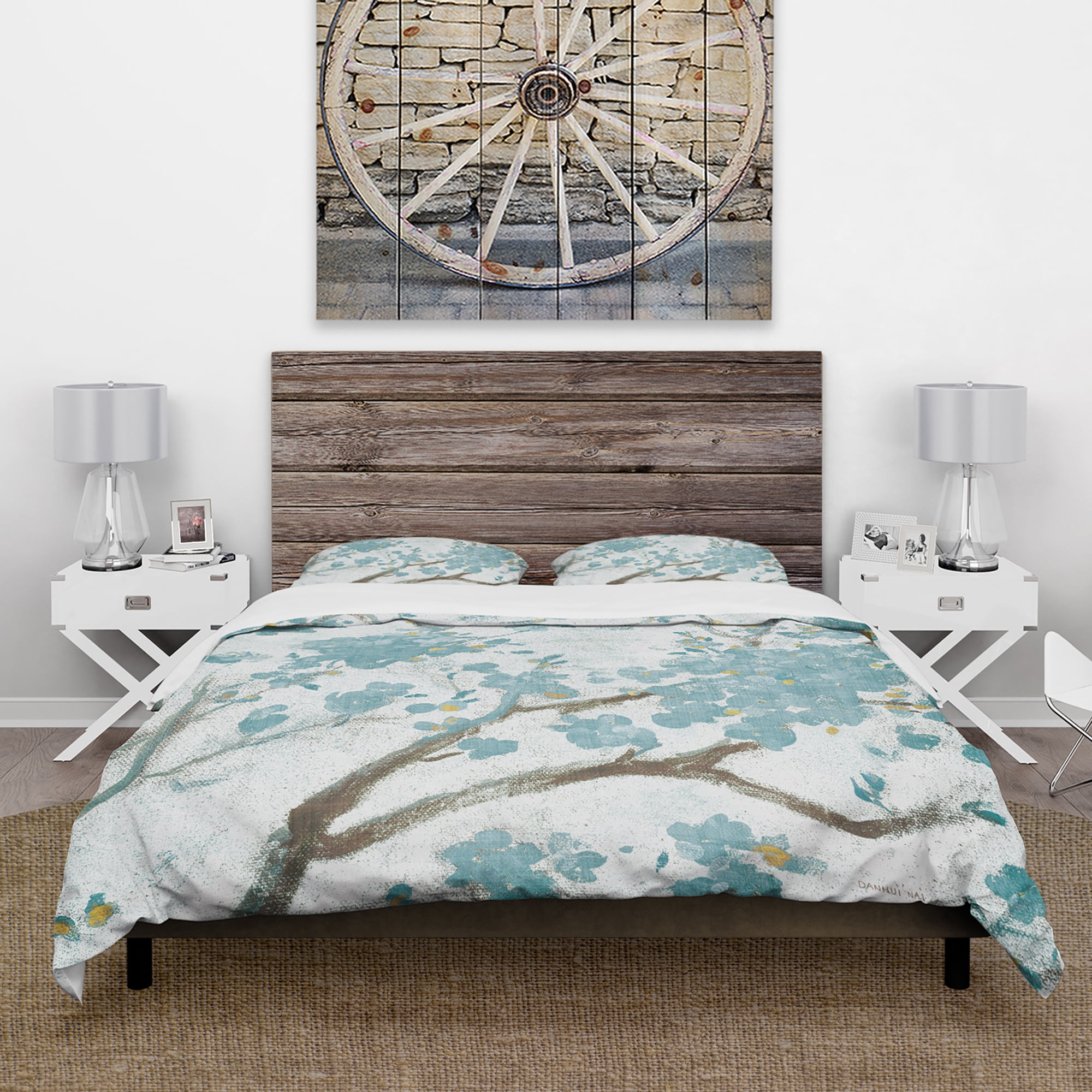 Designart 'Teal Cherry Blossoms I' Farmhouse Duvet Cover Set