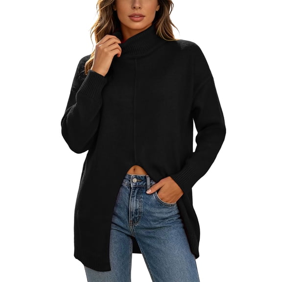TEAJOPSUU Women's Turtle Neck Knit Sweaters Front Slit Long Sleeve Loose Fit Fall Winter Pullover Sweaters Black