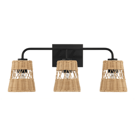 Moonlit Wall Sconce 3-Light, Rattan Shade Bathroom Vanity Light Fixtures, Farmhouse Black Metal Wall Lighting Over Mirror for Bedroom Hallway